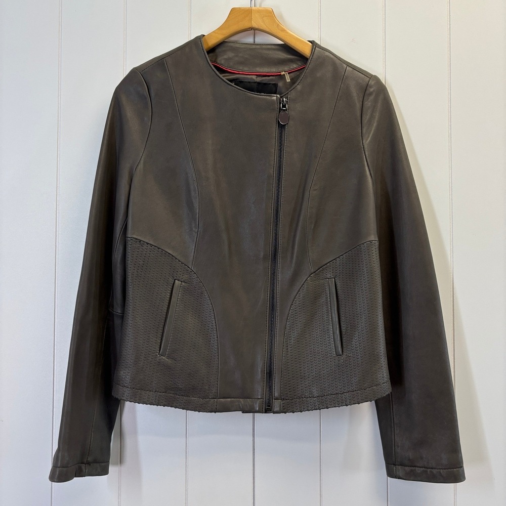 Tahari Quiet Luxury Lamb Leather Asymmetrical Zip Moto Jacket Size M Minimalist